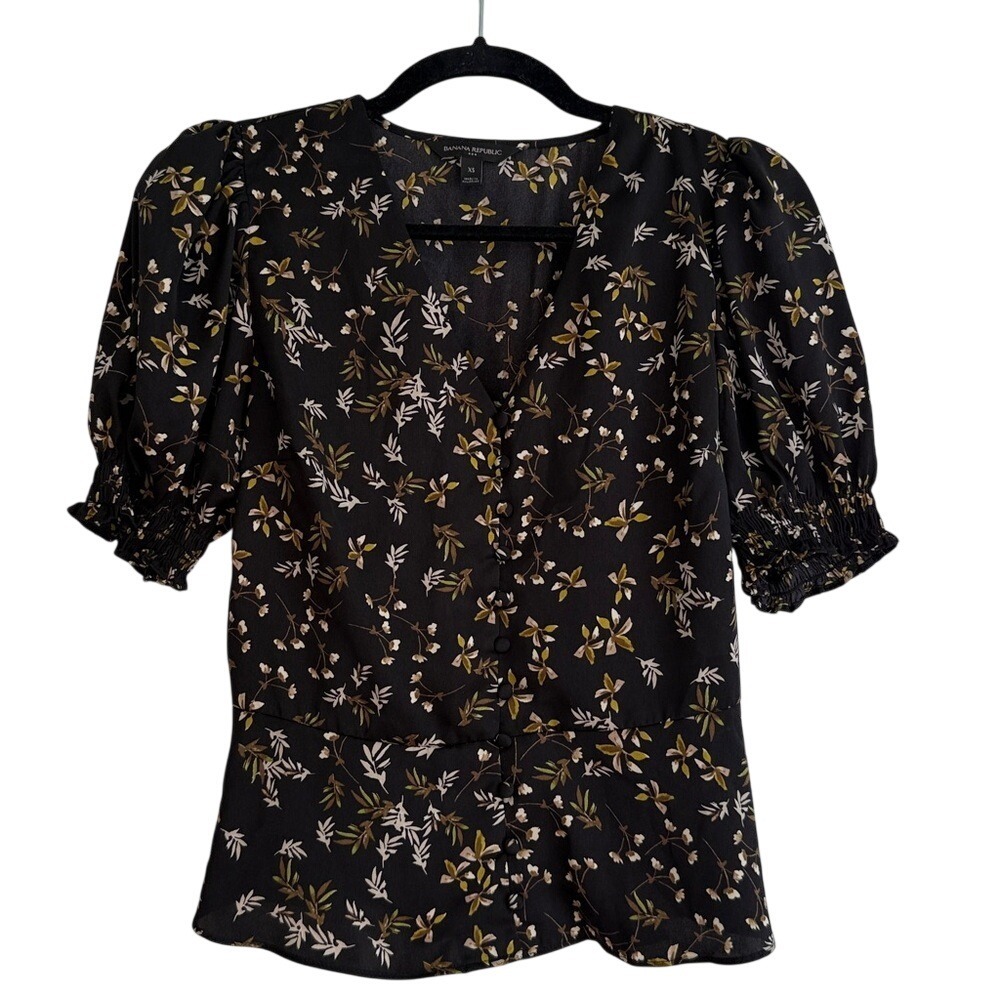 Banana Republic Black Floral Puff Sleeve Peplum Button Front Blouse XS